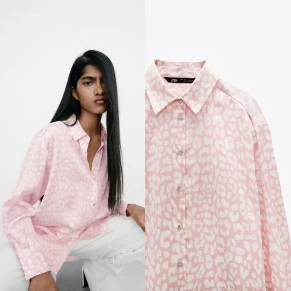 ZARA Animal Pink/White Leopard Print Satin Button Down Blouse Small